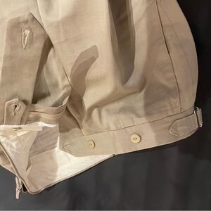 Italian made khaki pants to buckets at the waist and cuffs